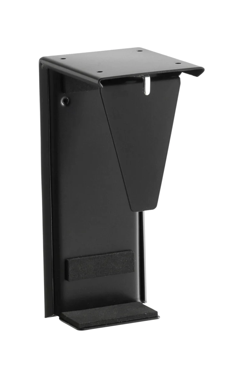 Sort pc-holder i stål med skumpuder, til montering under et skrivebord